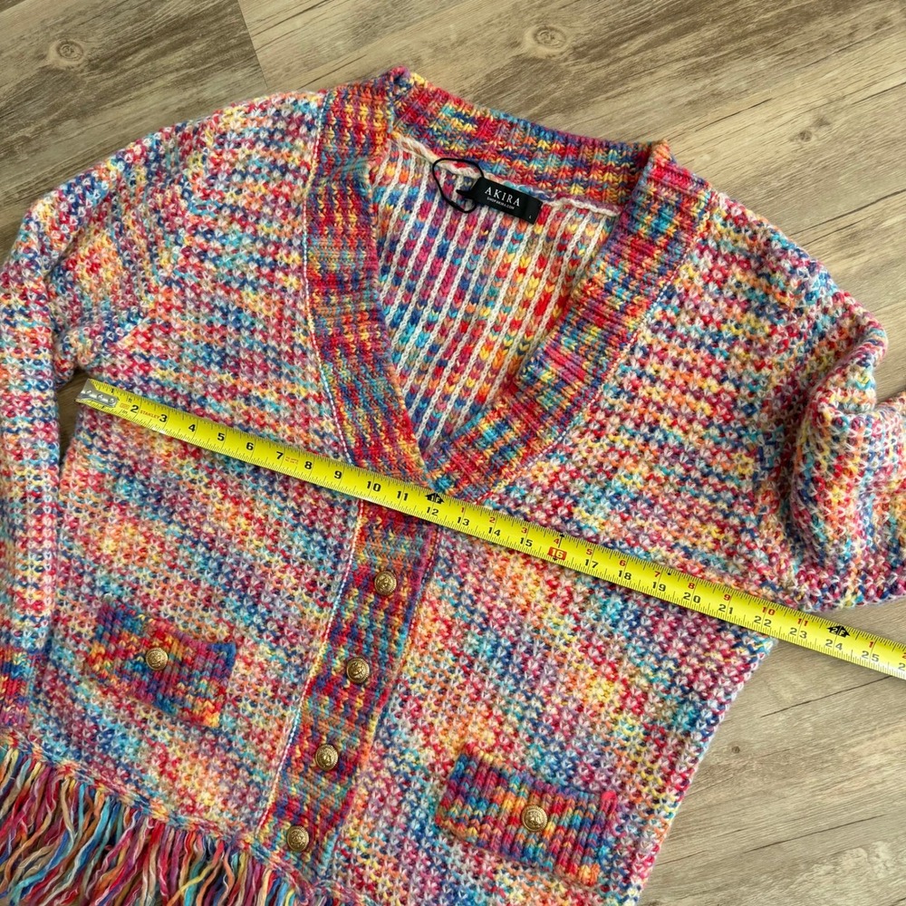 NWOT Akira Women's Rainbow Chunky Knit Fringe Cardigan Gold Button Multicolor L‎ - Picture 7 of 13